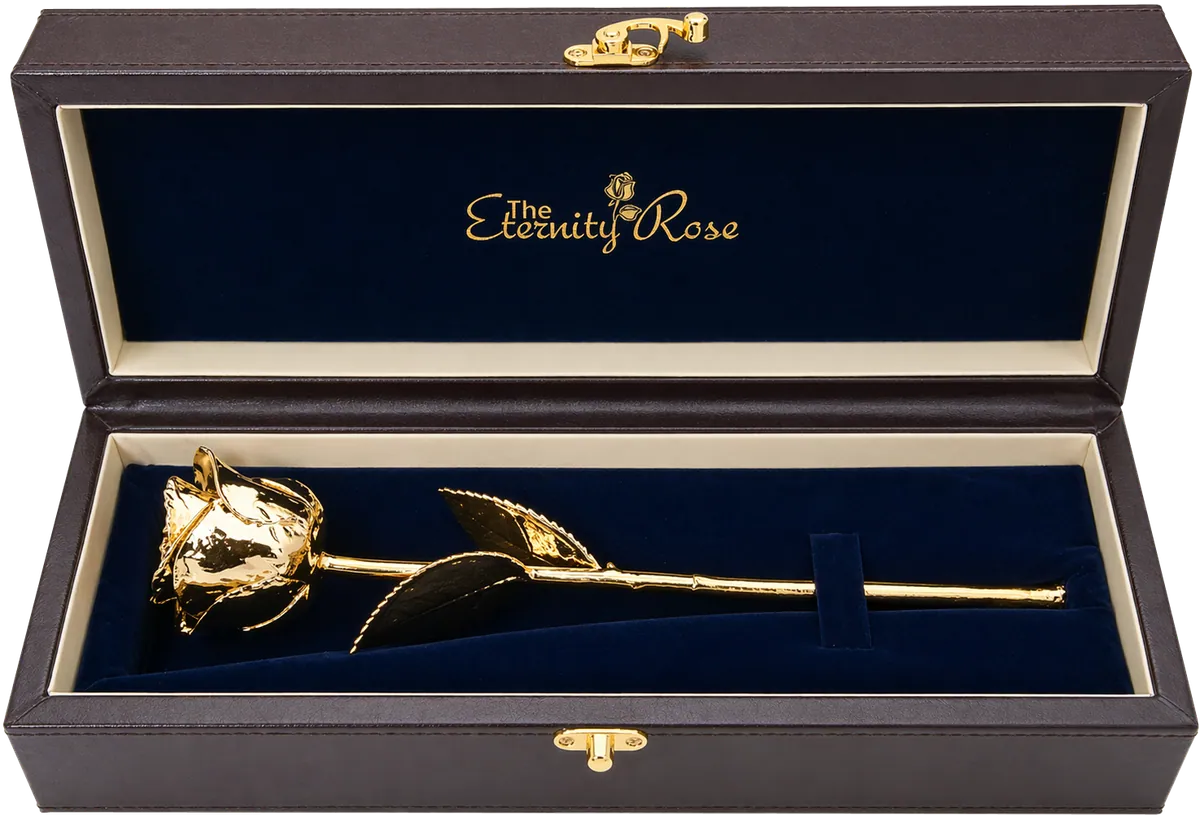A genuine natural rose preserved in 24-karat gold in its presentation case