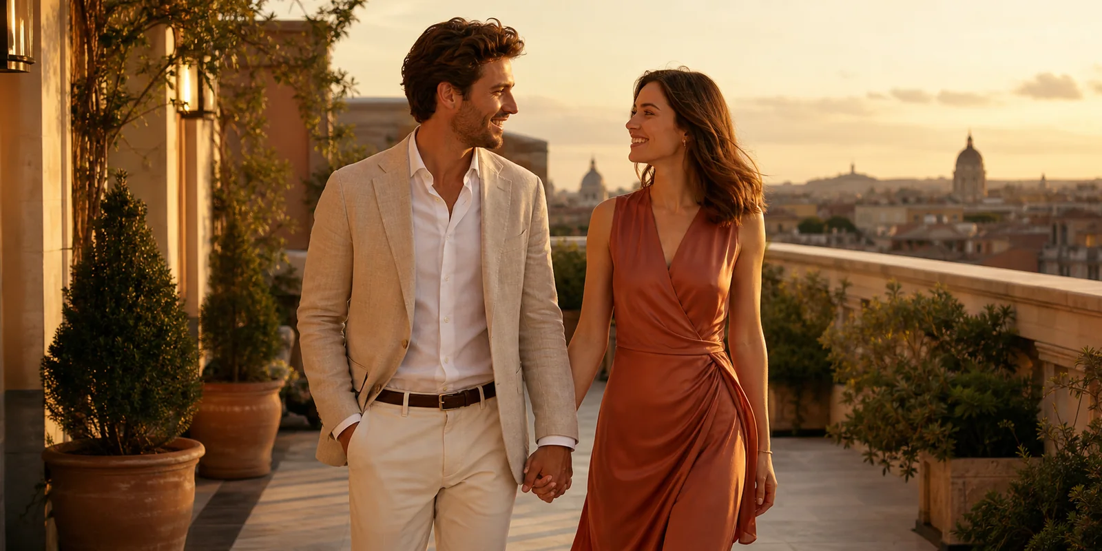 A couple walking hand in hand on a rooftop terrace at golden hour