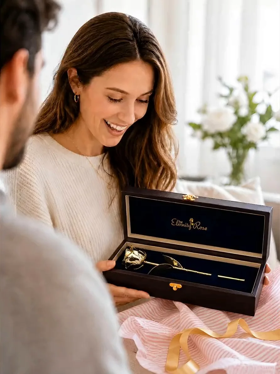 A woman admiring a gold Eternity Rose in its open leather presentation case, with white roses and soft window light behind her