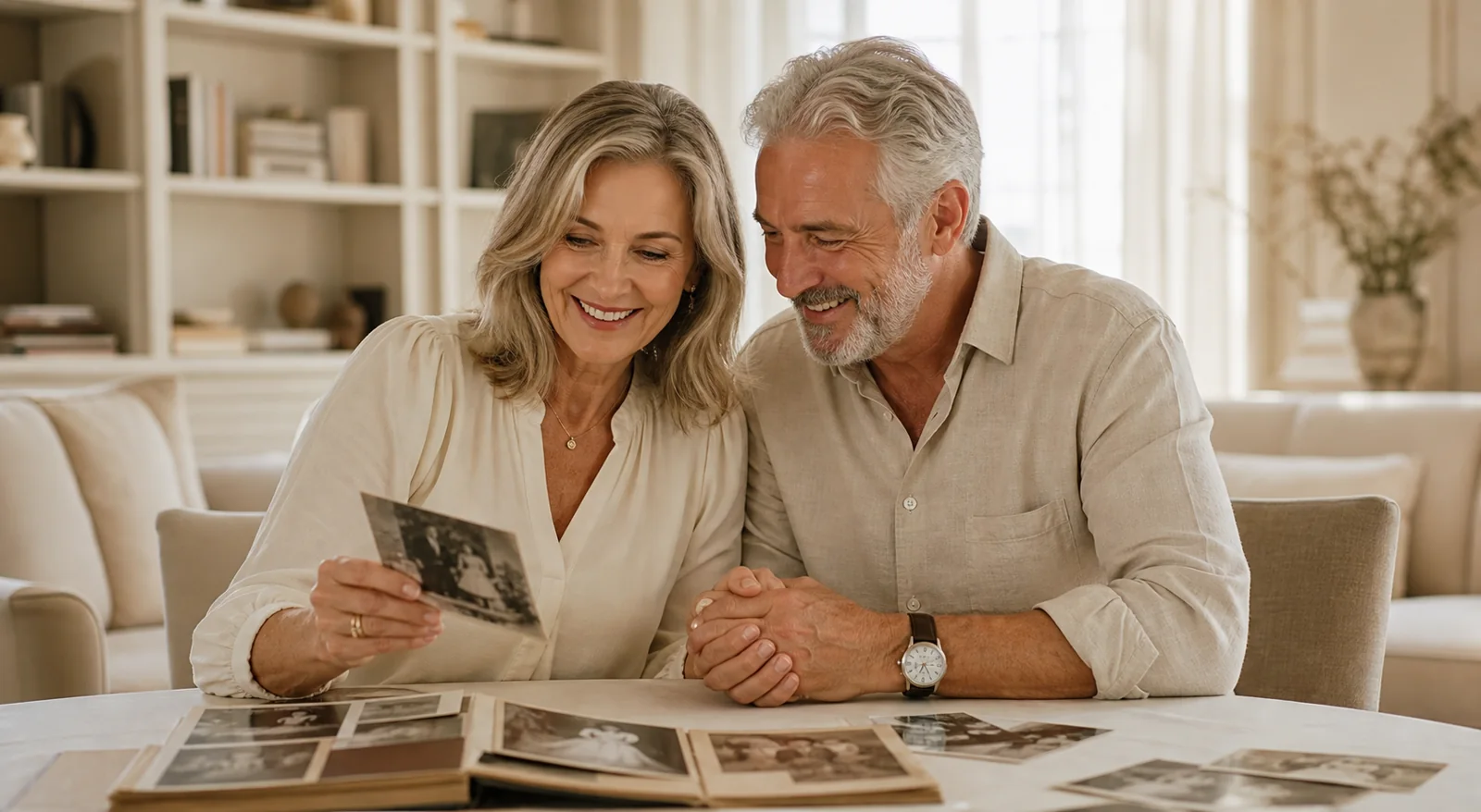 A long-married couple holding hands and smiling as they look through photographs from their life together