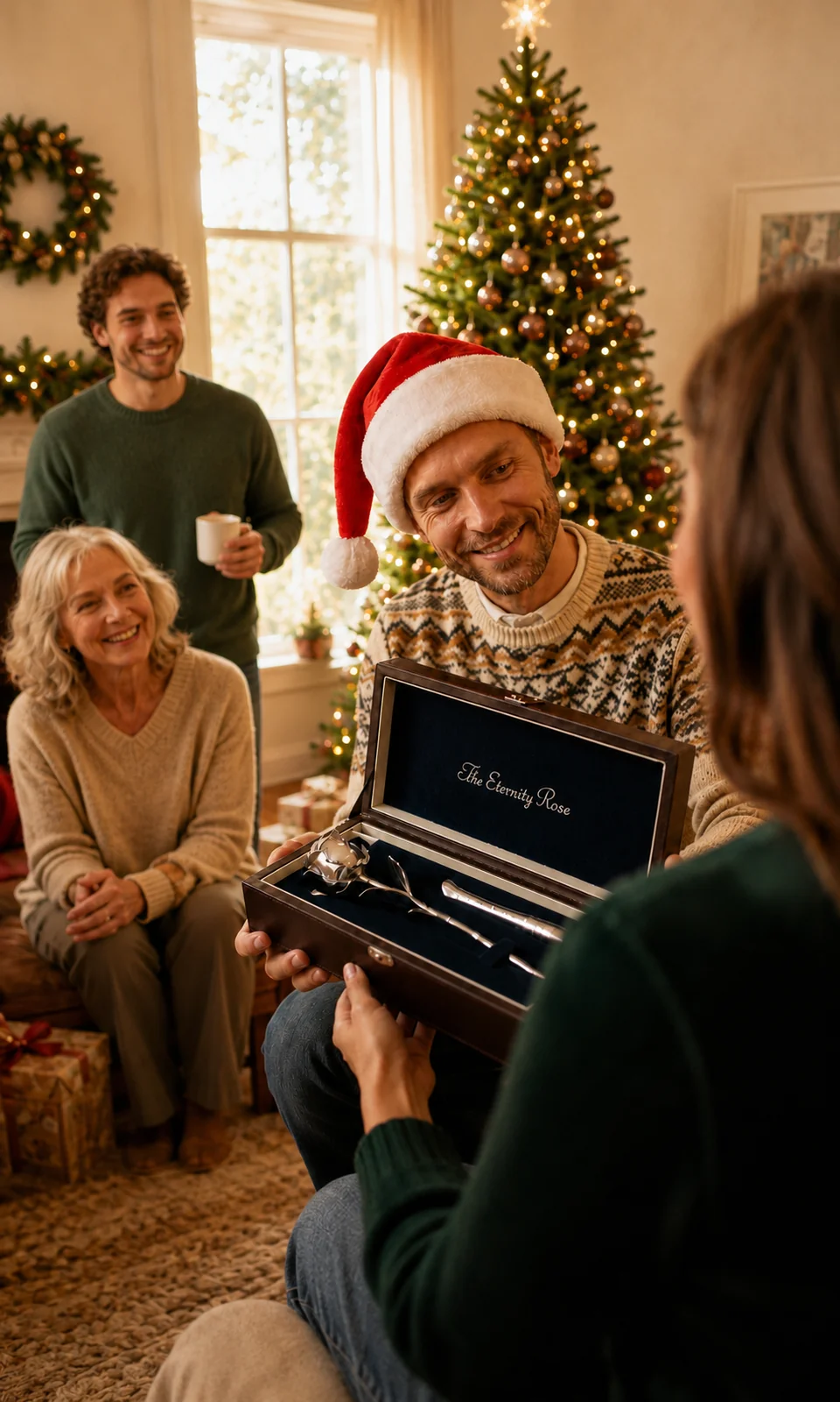 A family Christmas morning: a man in a Santa hat showing an open Eternity Rose presentation case with a silver rose beside the tree