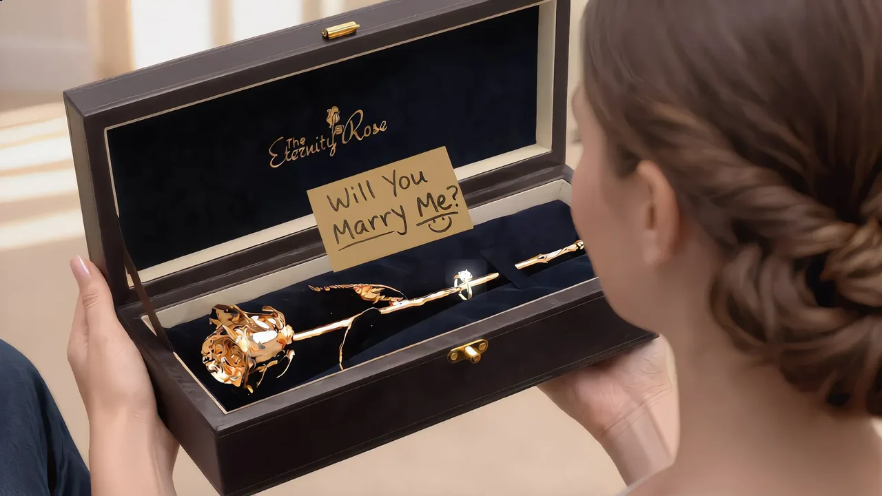 A woman receiving an Eternity Rose with a handwritten Will You Marry Me proposal note