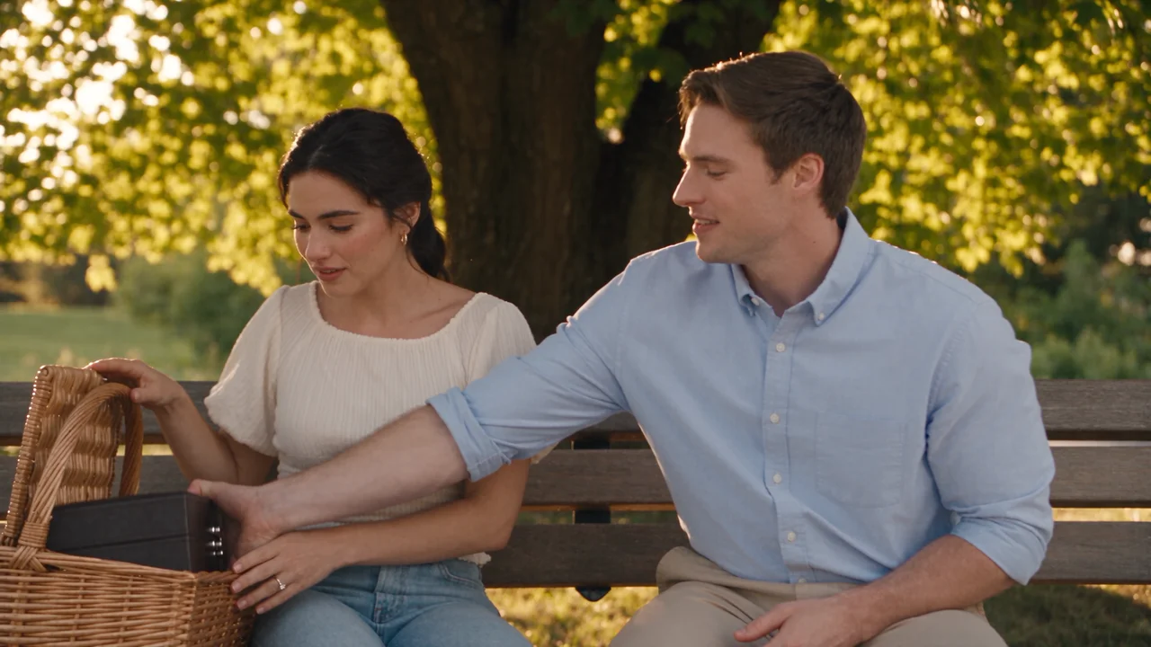 A couple on a park bench as he lifts an Eternity Rose case from a picnic basket