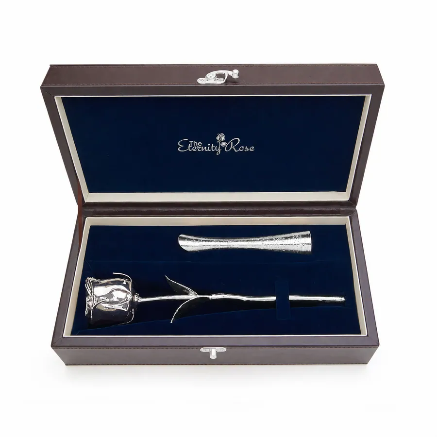 A silver-finished natural rose and matching vase in a fitted presentation case