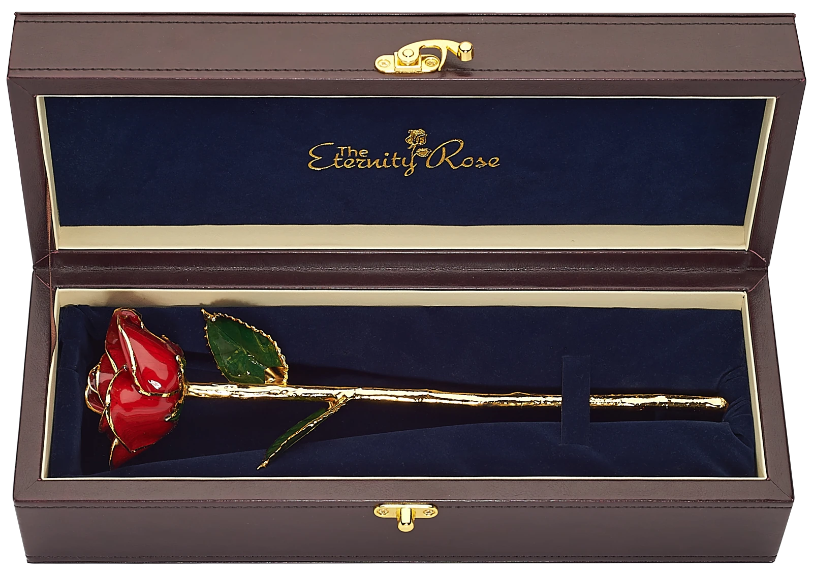 A red glazed open-bud natural rose trimmed in gold in its open presentation case