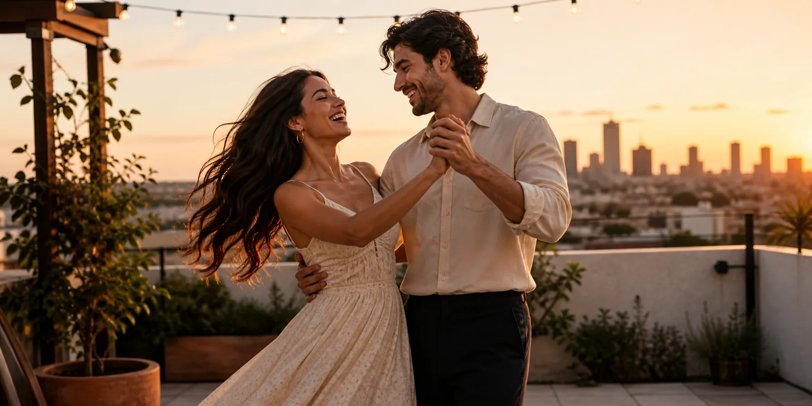 A romantic couple in their twenties dancing together on a rooftop terrace at sunset