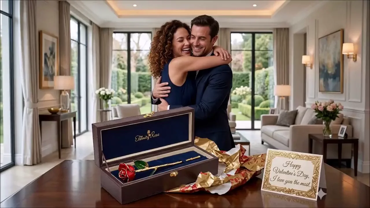 A couple embracing beside an open Eternity Rose case with a red rose, gold wrapping and a Valentine’s card