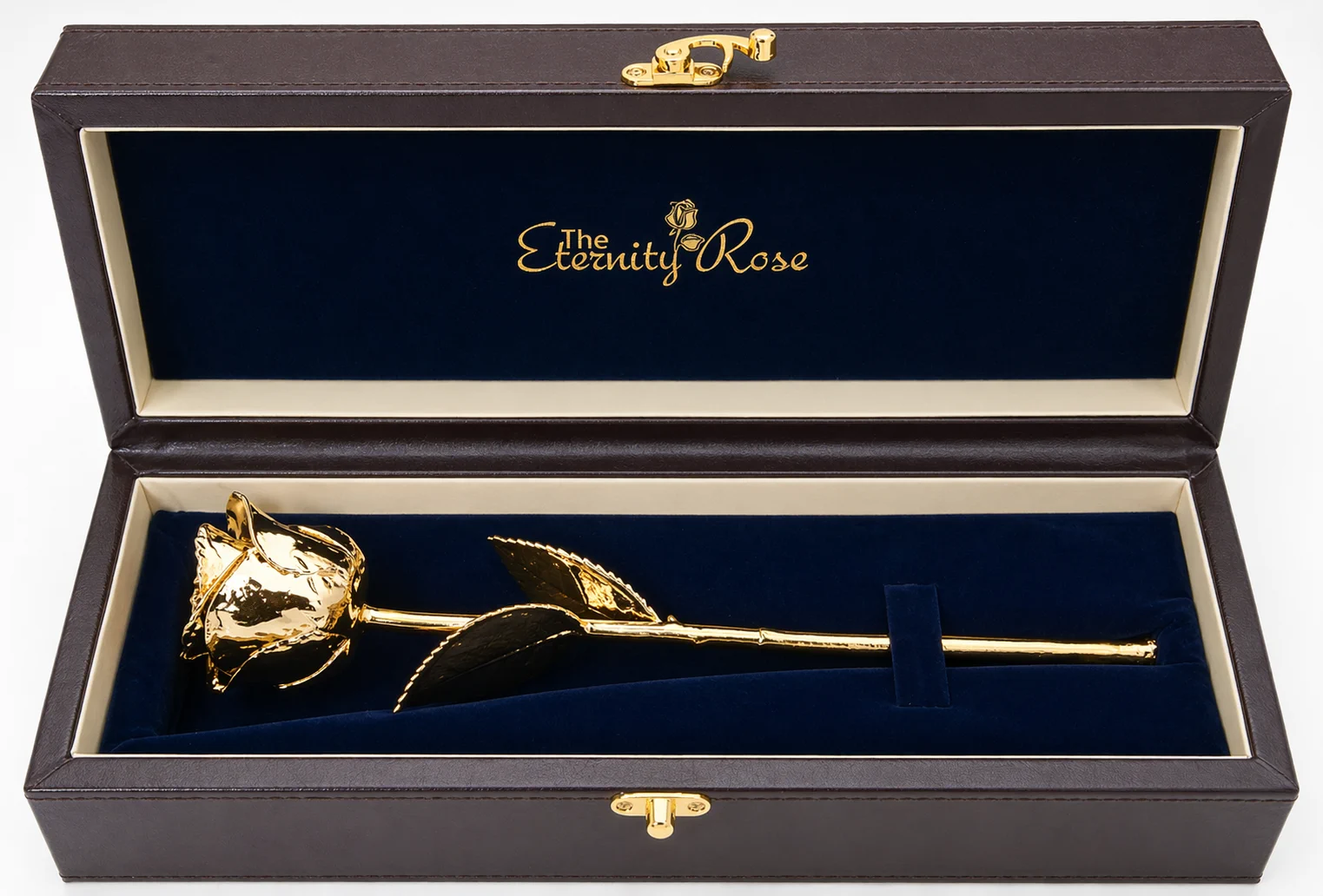 The Eternity Rose 24-karat gold-dipped natural rose presented in its display case
