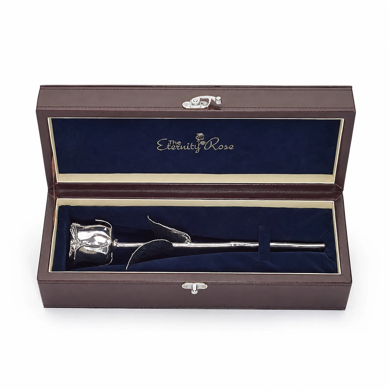The Eternity Rose pure silver-dipped natural rose presented in its display case